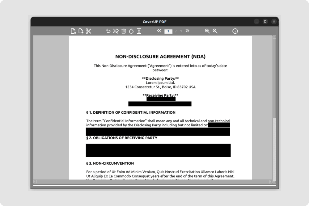 Screenshot of PDF redacting software CoverUP PDF